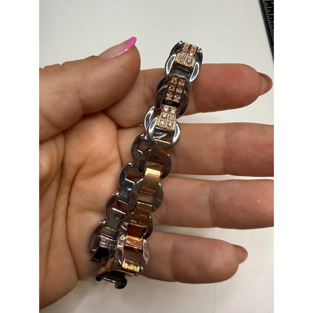Two Tone Rose Gold and Silver Link Bracelet with Crystal Accents 7.25 Inch